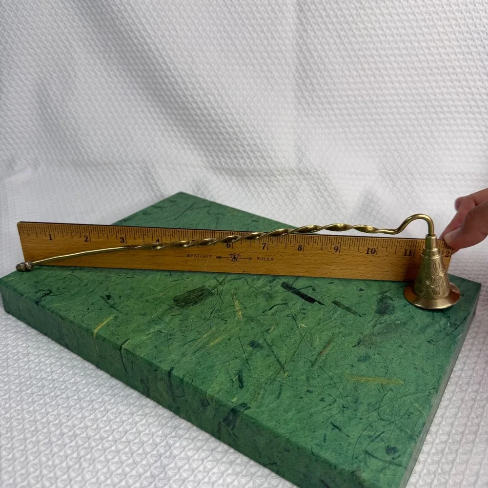 VTG Etched Brass Candle Snuffer Twisted Handle Floral Bell 12 Inch Made in India